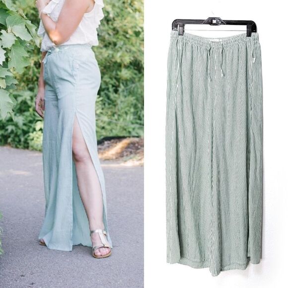 ONIA Green Striped High Slit Wide Leg Pants L - Picture 1 of 9